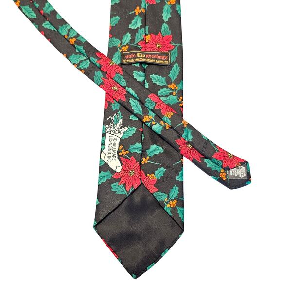 Christmas Holiday Tie Hallmark Yule Necktie Greeting Poinsettia Holly Black USA - Picture 3 of 8